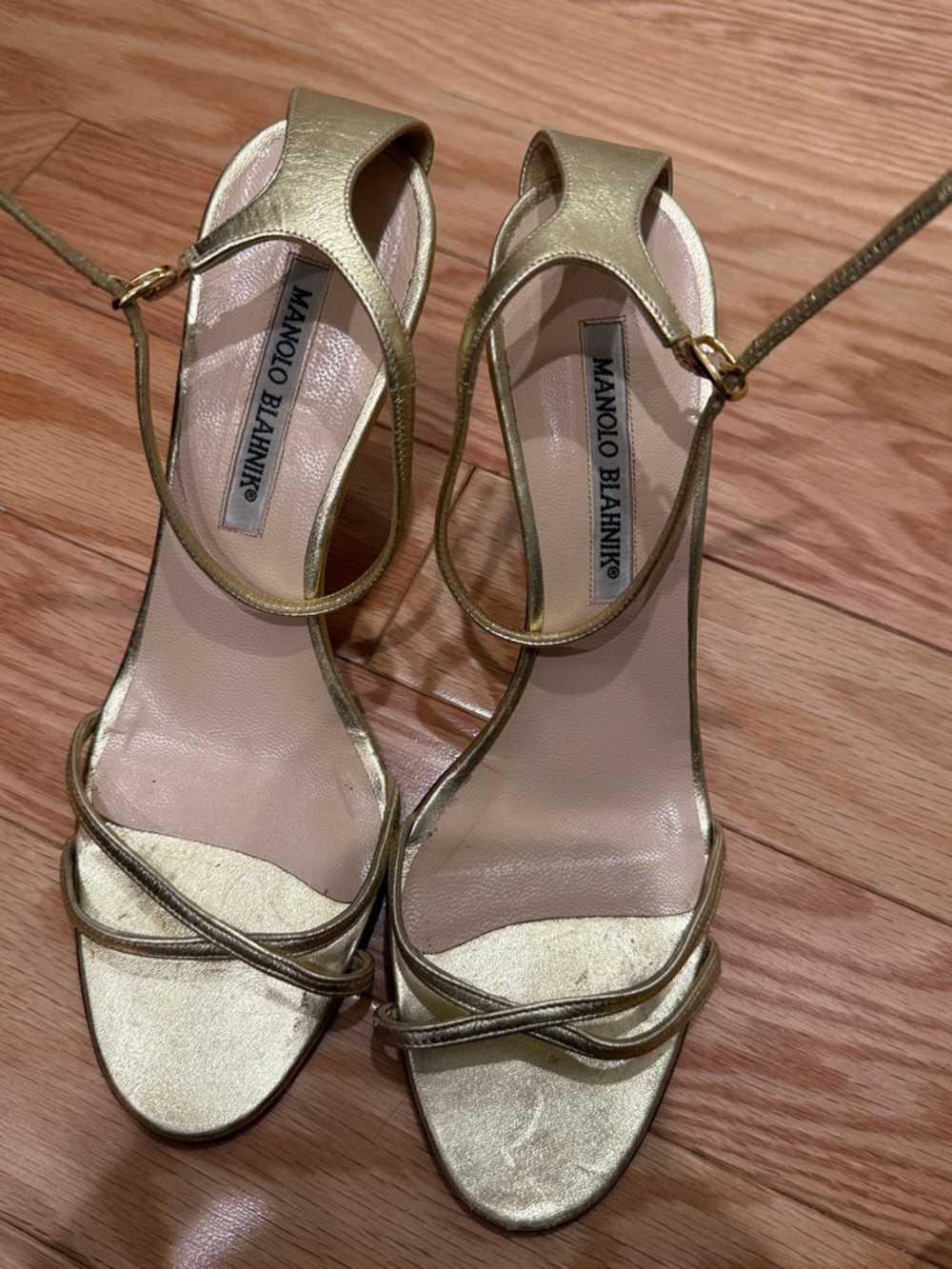 Manolo Blahnik Metallic Gold Strappy Ankle‑Tie Sandals